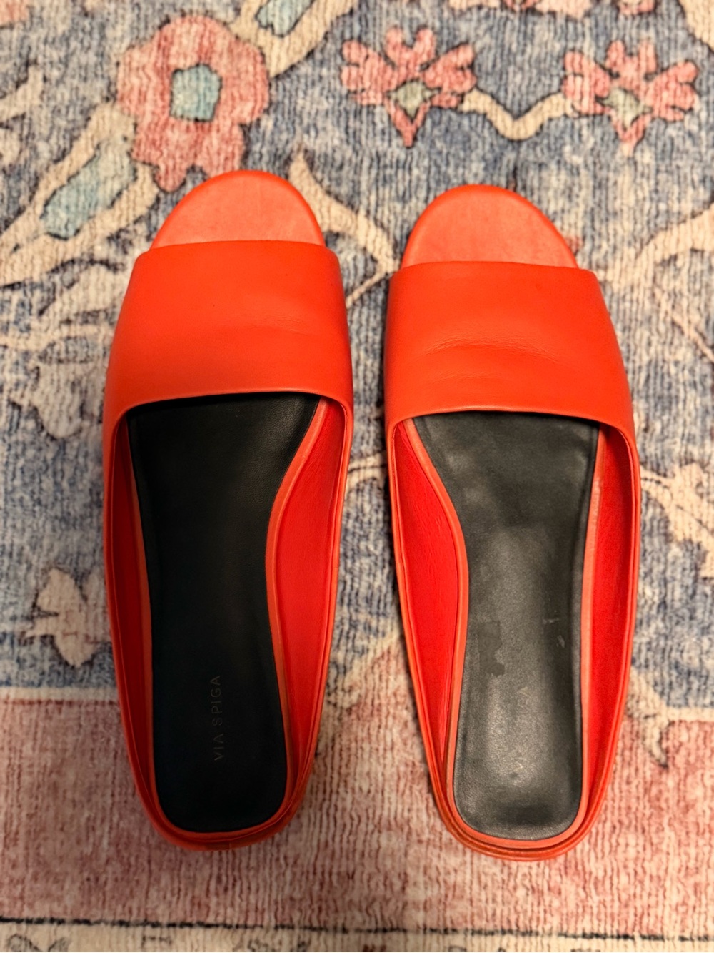 Two pair of Via Spiga Bright Orange Leather Slides size 9.5